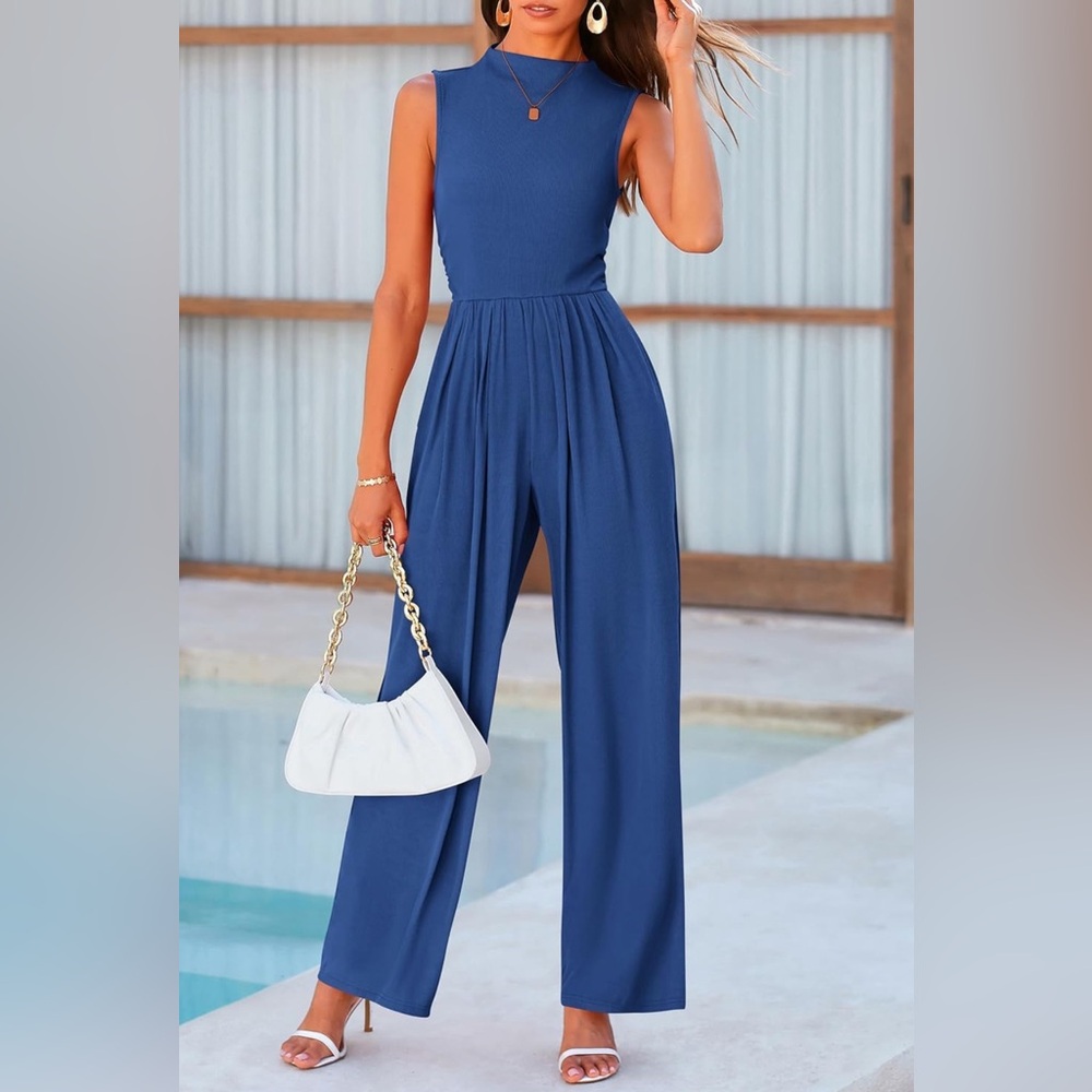 PRETTYGARDEN Jumpsuit Dressy Casual Mock Neck Wide Leg Pants Rompers with Pocket